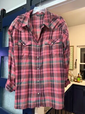 Wrangler Retro Pink and Green Plaid Snap Shirt
